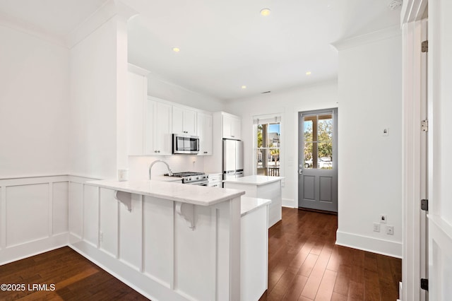 kitchen with light countertops, ornamental molding, appliances with stainless steel finishes, a peninsula, and dark wood-style floors