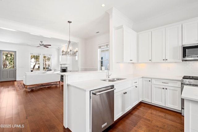 kitchen with open floor plan, a peninsula, dark wood-style floors, stainless steel appliances, and a sink