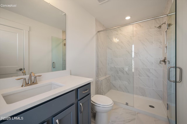 419 Parkside Commons, Bluffton, SC 29910 - bathroom with marble finish floors, a stall shower, vanity, and recessed lighting