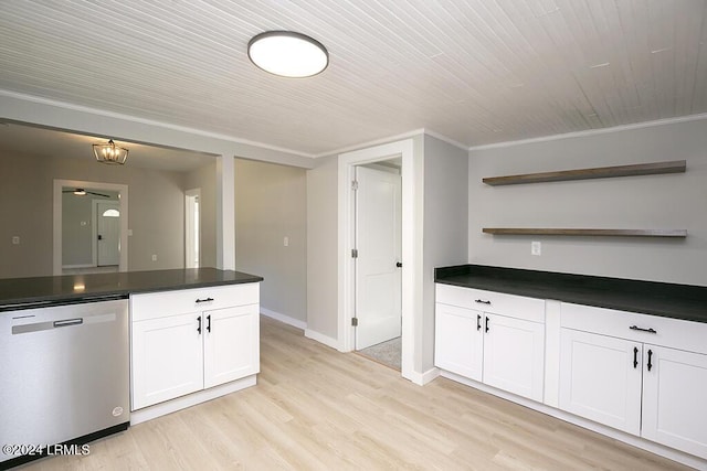 kitchen featuring white cabinetry, stainless steel dishwasher, crown molding, and light hardwood / wood-style flooring