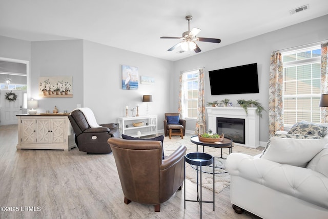 living room featuring ceiling fan and wood-type flooring