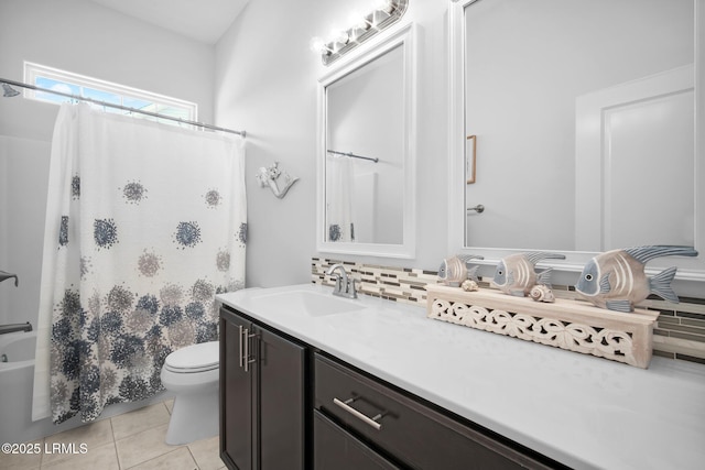 bathroom with toilet, backsplash, tile patterned flooring, shower / bath combination with curtain, and vanity