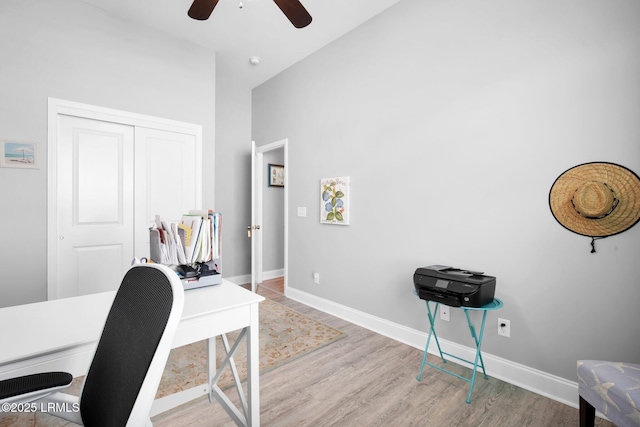 office area featuring ceiling fan and light hardwood / wood-style floors