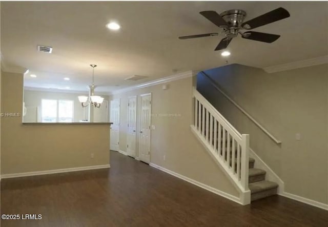 107 S St, Bluffton, SC 29910 - unfurnished living room with crown molding, ceiling fan, wood finished floors, a chandelier, and recessed lighting
