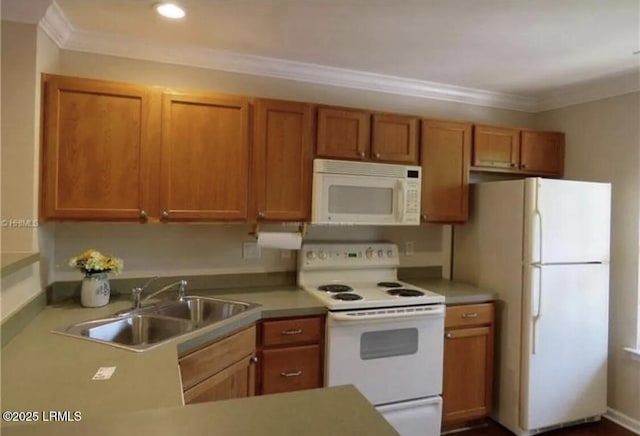 107 S St, Bluffton, SC 29910 - kitchen featuring white appliances, crown molding, brown cabinets, light countertops, and recessed lighting
