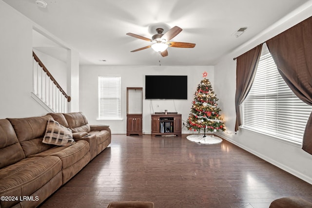 living room with dark hardwood / wood-style flooring, a healthy amount of sunlight, and ceiling fan