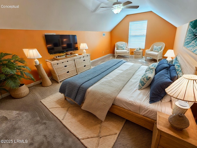 bedroom with vaulted ceiling, carpet, a ceiling fan, and baseboards