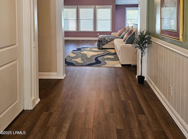 hallway featuring dark wood-style flooring and wainscoting