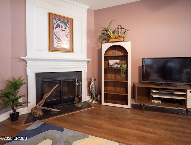 interior space featuring a fireplace with flush hearth, baseboards, and wood finished floors