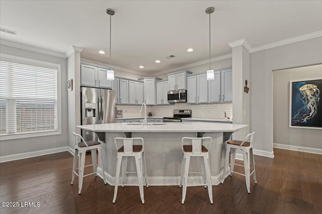 3614 Oyster Bluff Dr, Beaufort, SC 29907 - kitchen featuring tasteful backsplash, visible vents, ornamental molding, appliances with stainless steel finishes, and a sink