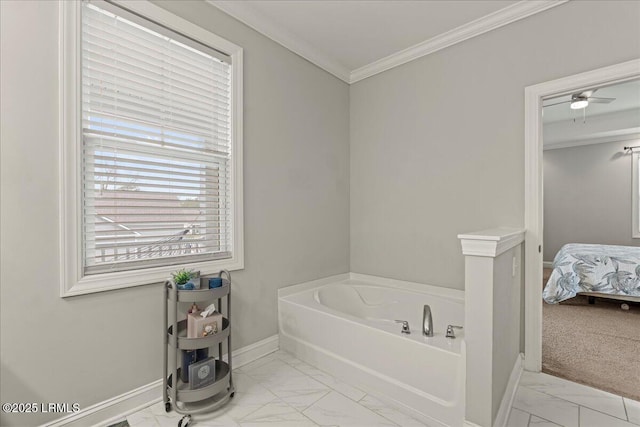 3614 Oyster Bluff Dr, Beaufort, SC 29907 - ensuite bathroom featuring baseboards, ornamental molding, ensuite bathroom, a bath, and marble finish floor