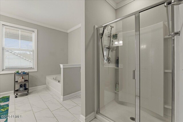 3614 Oyster Bluff Dr, Beaufort, SC 29907 - bathroom with marble finish floor, a shower stall, a garden tub, and ornamental molding