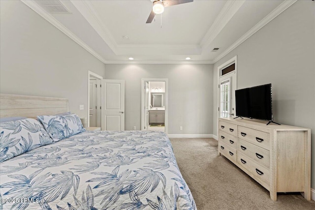 3614 Oyster Bluff Dr, Beaufort, SC 29907 - bedroom featuring visible vents, crown molding, baseboards, light colored carpet, and a raised ceiling