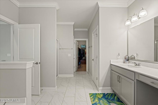 3614 Oyster Bluff Dr, Beaufort, SC 29907 - bathroom featuring crown molding, baseboards, marble finish floor, and a stall shower