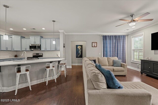 3614 Oyster Bluff Dr, Beaufort, SC 29907 - living area featuring crown molding, baseboards, and dark wood-style flooring