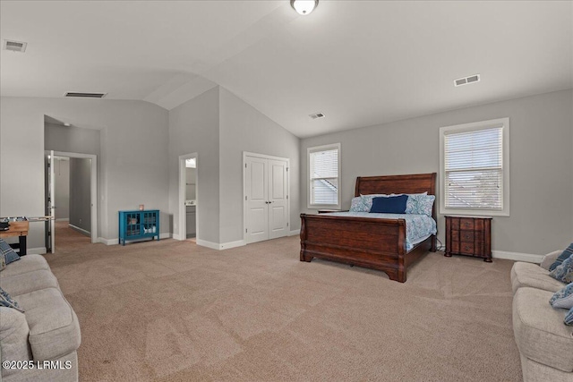 3614 Oyster Bluff Dr, Beaufort, SC 29907 - carpeted bedroom with lofted ceiling, baseboards, and visible vents