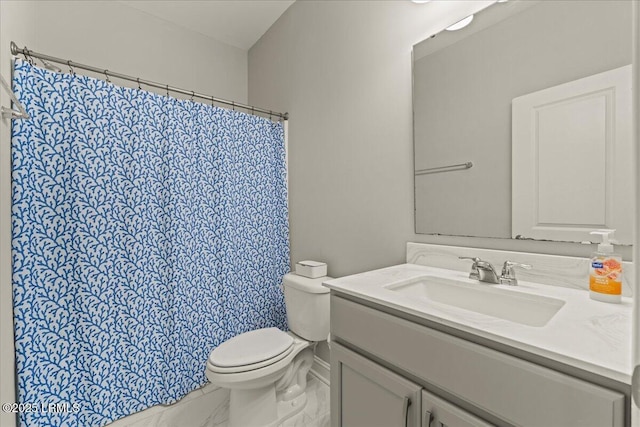 3614 Oyster Bluff Dr, Beaufort, SC 29907 - bathroom featuring vanity, curtained shower, toilet, and marble finish floor