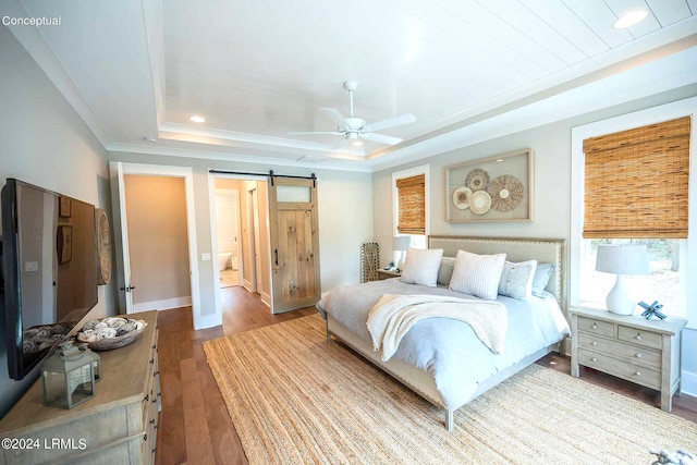 bedroom featuring a tray ceiling, a barn door, ceiling fan, and hardwood / wood-style flooring