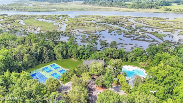 birds eye view of property featuring a water view