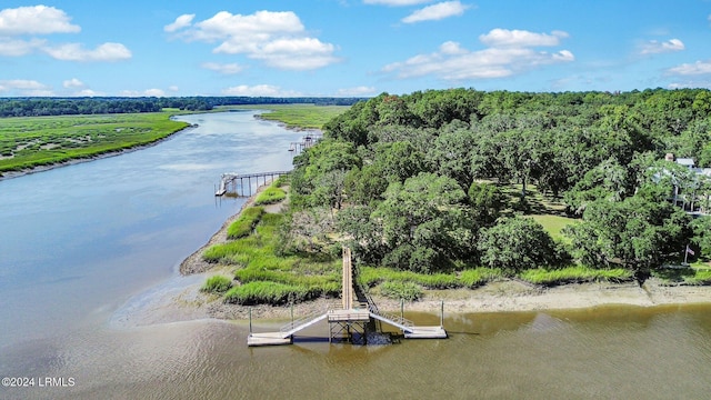 aerial view featuring a water view