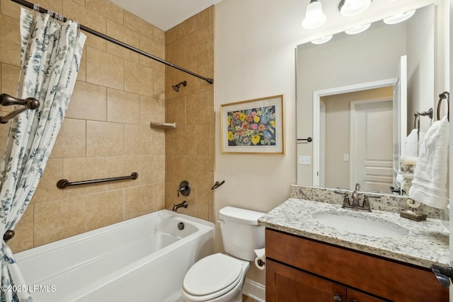 bathroom with toilet, vanity, and shower / bath combination with curtain