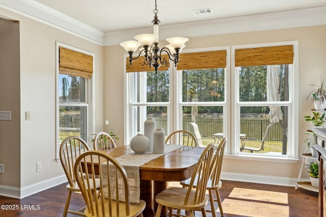 dining space featuring dark wood finished floors, visible vents, a healthy amount of sunlight, and baseboards