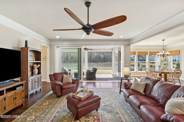 living area featuring ceiling fan with notable chandelier, a healthy amount of sunlight, dark wood-style flooring, and ornamental molding