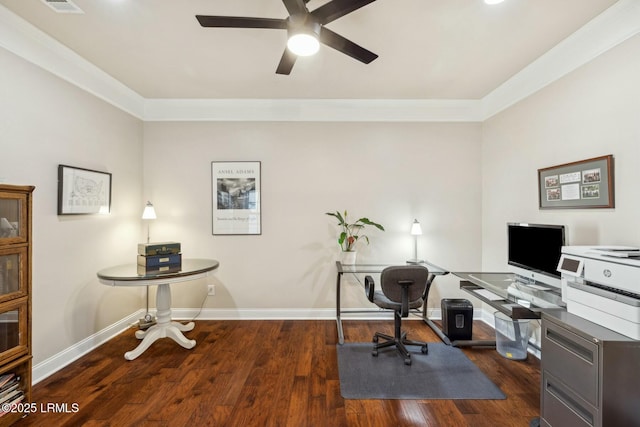 office area with baseboards, wood finished floors, a ceiling fan, and ornamental molding