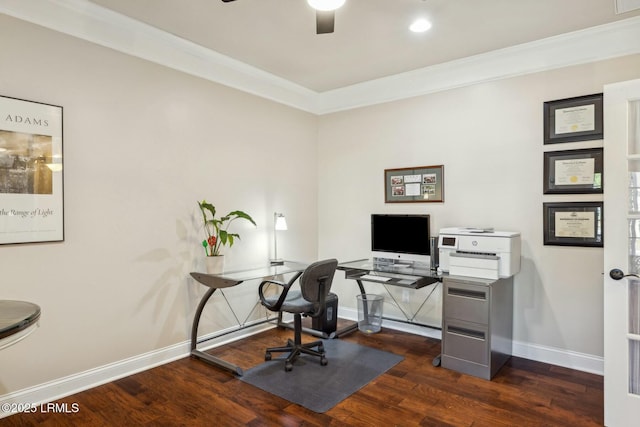 office space with ornamental molding, a ceiling fan, baseboards, and wood finished floors