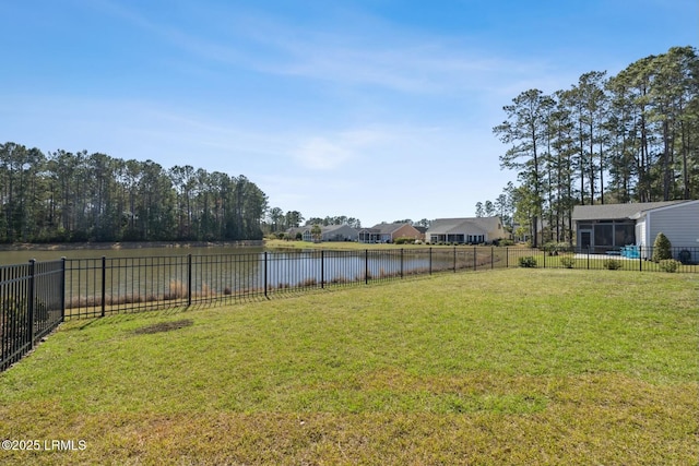 view of yard featuring a fenced backyard and a water view