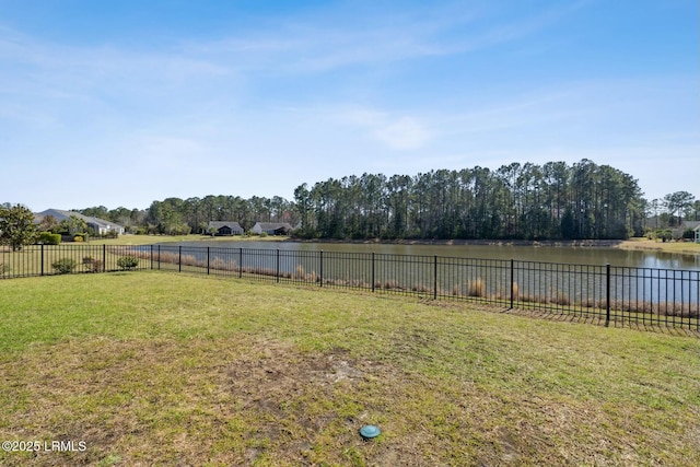 view of yard featuring a fenced backyard and a water view