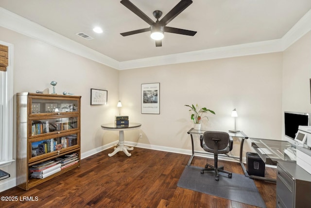 office featuring wood finished floors, visible vents, baseboards, ceiling fan, and crown molding