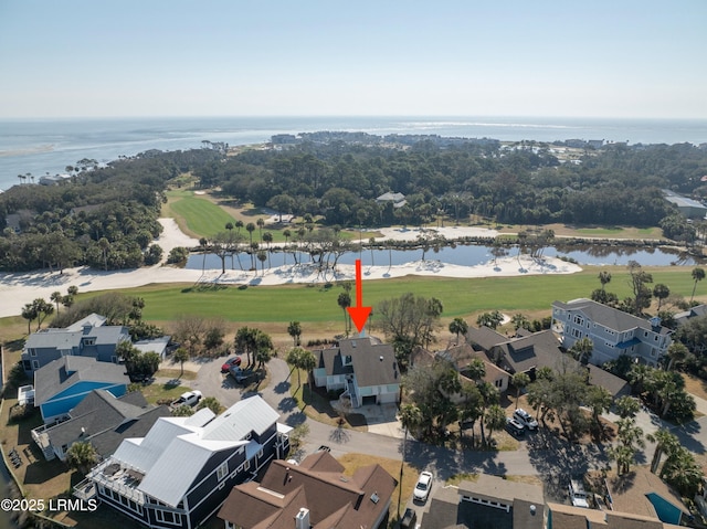 aerial view with a water view, a residential view, and golf course view