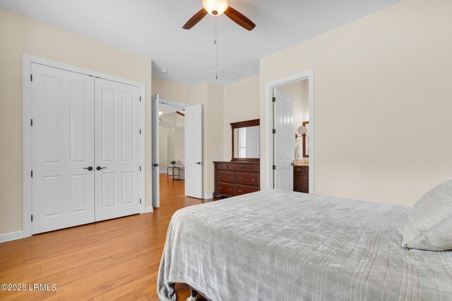 222 Hampton Lake Dr, Bluffton, SC 29910 - bedroom with a closet, baseboards, attic access, light wood-type flooring, and a ceiling fan
