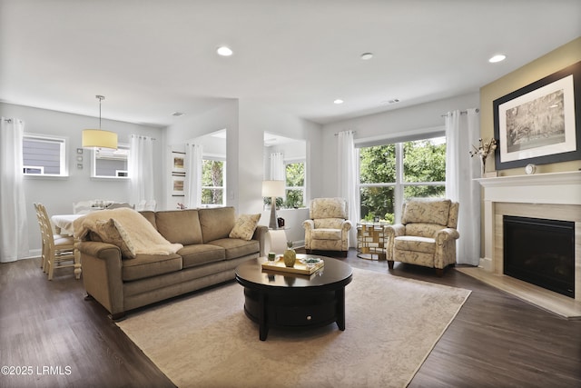 223 Rudder Run, Bluffton, SC 29910 - living room with dark wood-style flooring, recessed lighting, and a fireplace