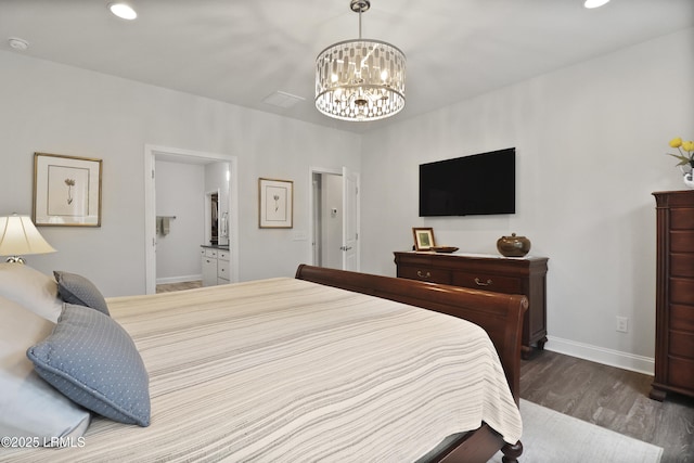 223 Rudder Run, Bluffton, SC 29910 - bedroom featuring a chandelier, wood finished floors, recessed lighting, and ensuite bathroom
