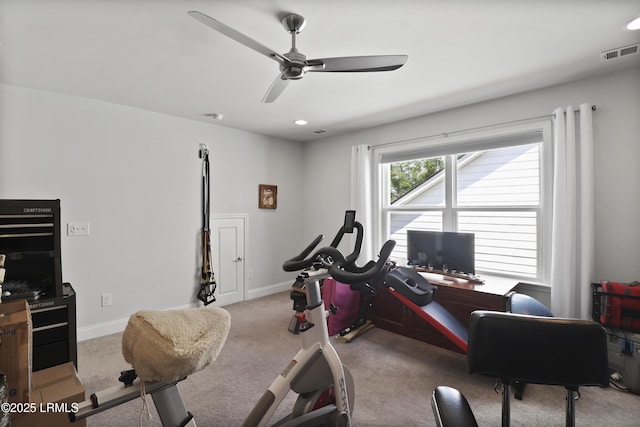 223 Rudder Run, Bluffton, SC 29910 - exercise room featuring a ceiling fan, carpet flooring, and recessed lighting