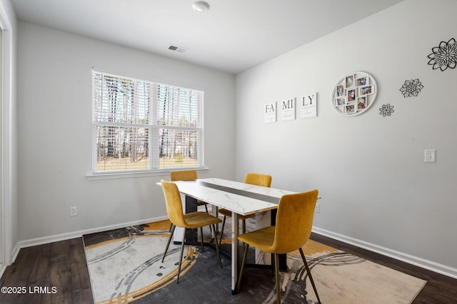 dining space with dark wood-style floors, visible vents, and baseboards