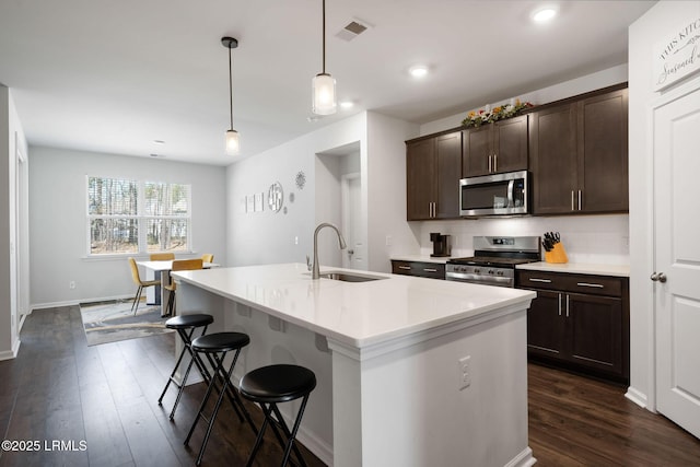 kitchen with a sink, visible vents, dark wood-type flooring, and appliances with stainless steel finishes