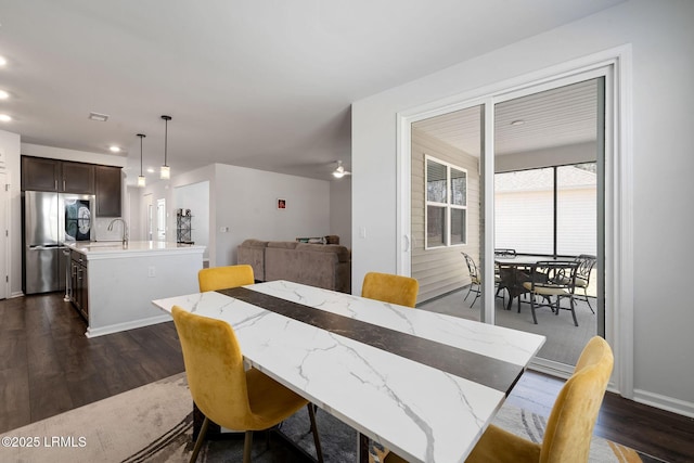 dining space with recessed lighting, visible vents, and dark wood-style flooring