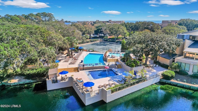 aerial view featuring a water view