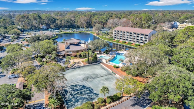 aerial view featuring a water view