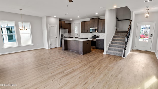 kitchen with decorative light fixtures, sink, backsplash, dark brown cabinetry, and stainless steel appliances