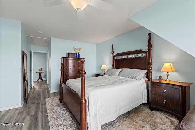 bedroom with ceiling fan and dark hardwood / wood-style flooring