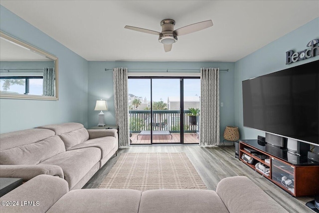 living room featuring wood-type flooring, plenty of natural light, and ceiling fan