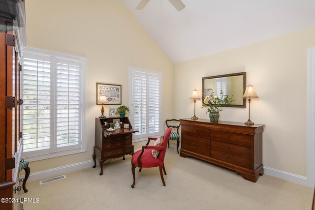 34 Osprey Cir, Okatie, SC 29909 - sitting room featuring ceiling fan, light carpet, and high vaulted ceiling