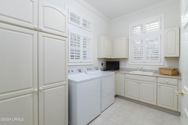 34 Osprey Cir, Okatie, SC 29909 - clothes washing area with light tile patterned flooring, sink, cabinets, ornamental molding, and washing machine and dryer