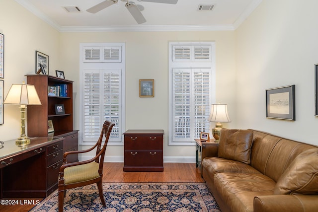 34 Osprey Cir, Okatie, SC 29909 - office area featuring hardwood / wood-style flooring, ornamental molding, and ceiling fan