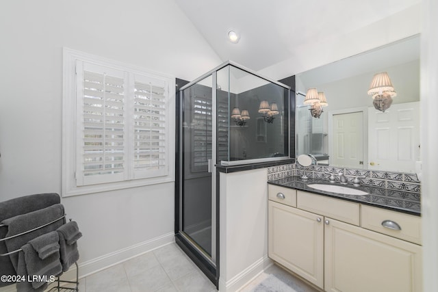 34 Osprey Cir, Okatie, SC 29909 - bathroom with an enclosed shower, vanity, tile patterned floors, and lofted ceiling