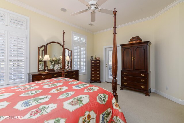 34 Osprey Cir, Okatie, SC 29909 - bedroom with access to exterior, ornamental molding, light colored carpet, and ceiling fan